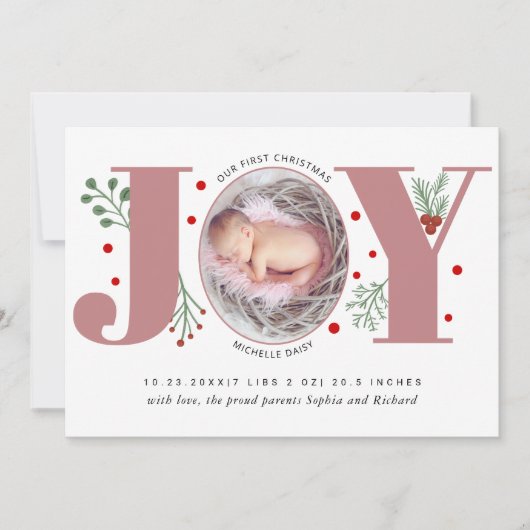 ほこりっぽいバラジョイ初めてのクリスマスフォトベビー誕生 案内状 (正面)