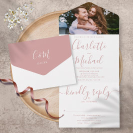 ほこりっぽいバラスクリプトモノグラム結婚写真 オールインワン招待状