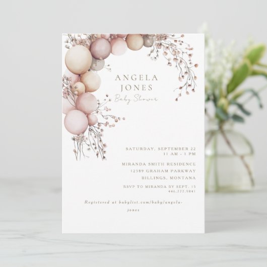 ほこりっぽいバラバルーンアーチ赤ちゃんシャワー招待状 招待状 (スタンド正面)
