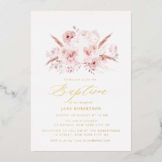 ほこりっぽいバラパンパフローラクロスバプテスマ 箔招待状 (正面)