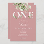 ほこりっぽいバラピンクかわいいフローラ緑1歳の誕生日 招待状 (正面/裏面)