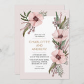 ほこりっぽいバラピンクと金ゴールドフローラの結婚緑 招待状 (正面/裏面)