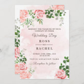 ほこりっぽいバラピンクと金ゴールドフローラ結婚グリーンI 招待状 (正面/裏面)
