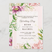 ほこりっぽいバラピンクと金ゴールドフローラ結婚グリーンI 招待状 (正面/裏面)