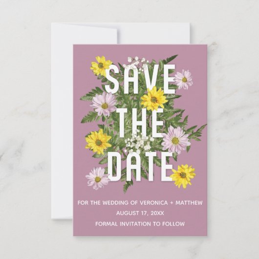 ほこりっぽいバラピンクと黄色のデイジー日付を保存 招待状 (正面)