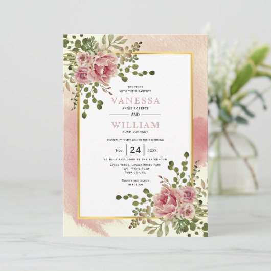 ほこりっぽいバラピンクの水色の花のフローラ 招待状 (スタンド正面)