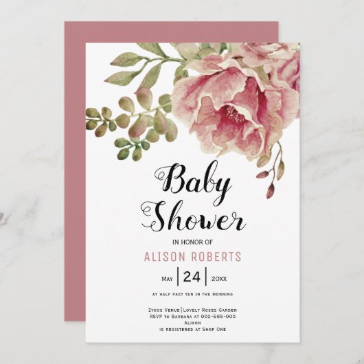 ほこりっぽいバラピンクの水色の花の赤ちゃんシャワー 招待状 (正面/裏面)
