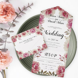 ほこりっぽいバラピンクの水色の花秋の結婚式 オールインワン招待状