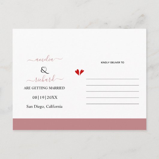 ほこりっぽいバラピンクの花のアーチ結婚式の日付を保存 ポストカード (裏面)