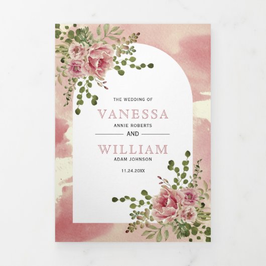ほこりっぽいバラピンクの花アーチフローラ結婚boho's 三つ折り招待状 (カバー)