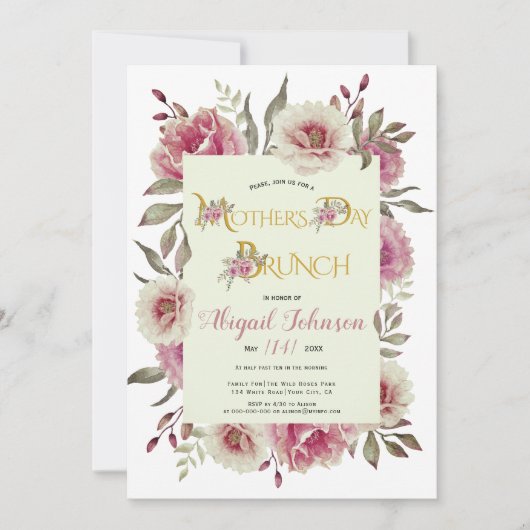 ほこりっぽいバラピンクの花マザーズ・デイ・ブランチ 招待状 (正面)