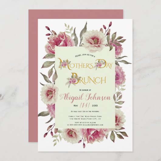 ほこりっぽいバラピンクの花マザーズ・デイ・ブランチ 招待状 (正面/裏面)