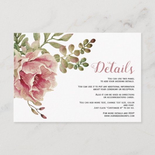 ほこりっぽいバラピンクの花結婚フローラの詳細 エンクロージャーカード (正面)