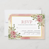 ほこりっぽいバラピンクの花金ゴールドフレーム結婚boho's 出欠カード (正面)