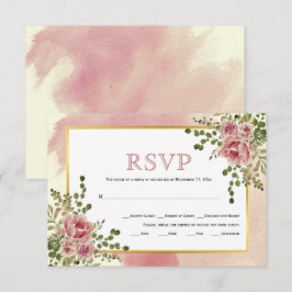 ほこりっぽいバラピンクの花金ゴールドフレーム結婚boho's 出欠カード