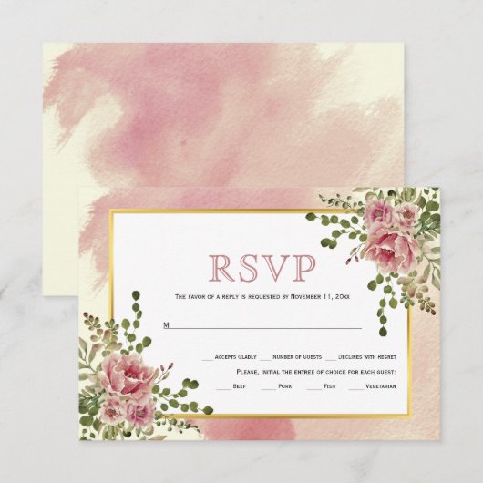 ほこりっぽいバラピンクの花金ゴールドフレーム結婚boho's 出欠カード (正面/裏面)