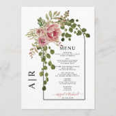 ほこりっぽいバラピンクの花、アーチとモノグラム結婚の メニュー (正面)