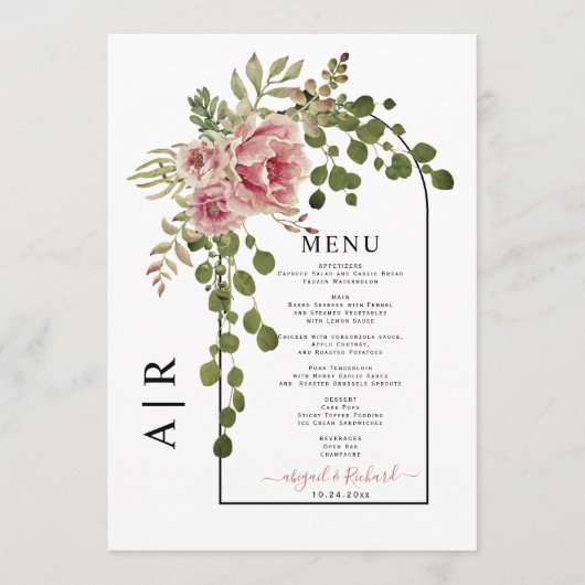 ほこりっぽいバラピンクの花、アーチとモノグラム結婚の メニュー (正面)