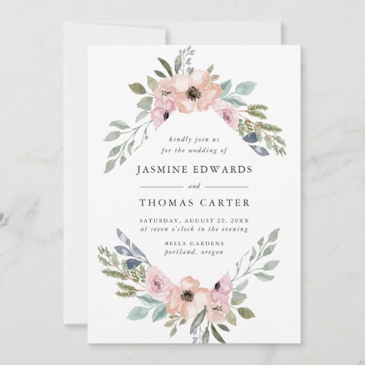 ほこりっぽいバラピンクウォーターカラーフローラフレーム | 結婚s 招待状 (正面)