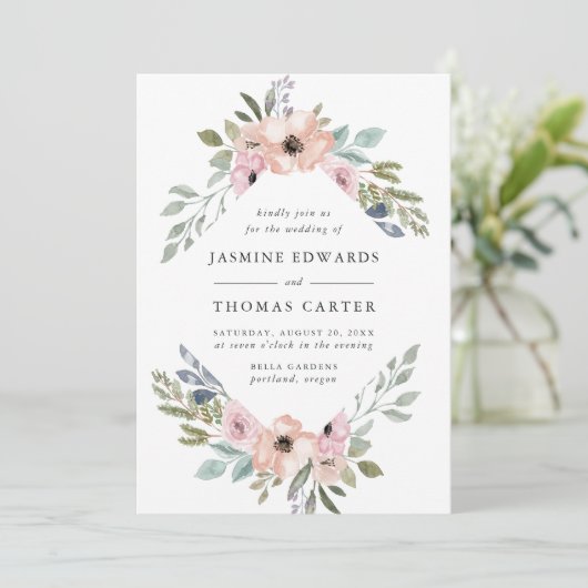 ほこりっぽいバラピンクウォーターカラーフローラフレーム | 結婚s 招待状 (スタンド正面)