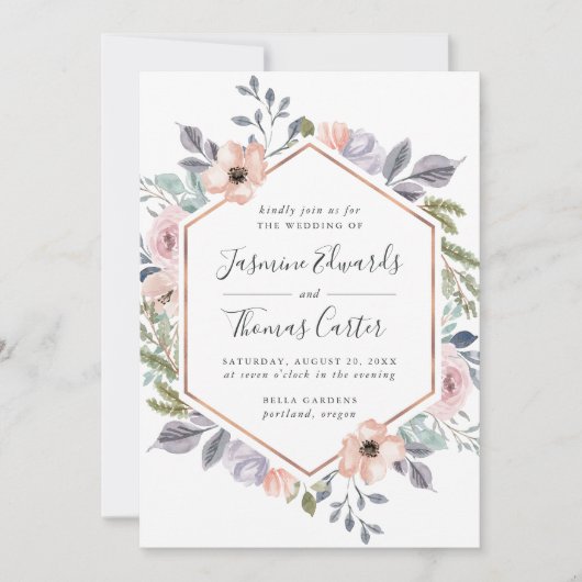 ほこりっぽいバラピンクウォーターカラーフローラフレーム | 結婚s 招待状 (正面)