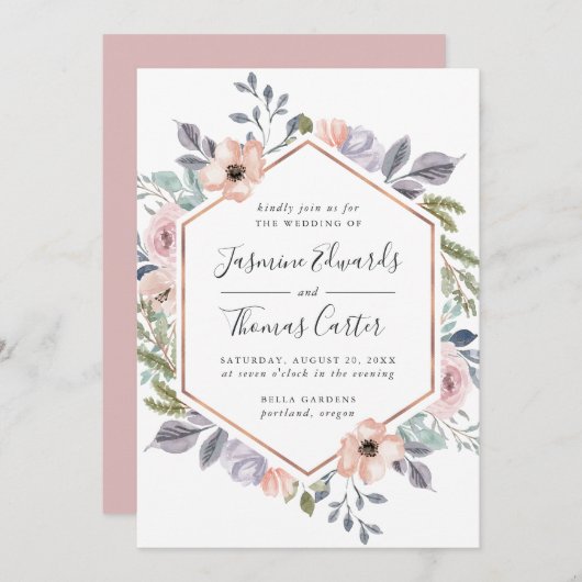 ほこりっぽいバラピンクウォーターカラーフローラフレーム | 結婚s 招待状 (正面/裏面)