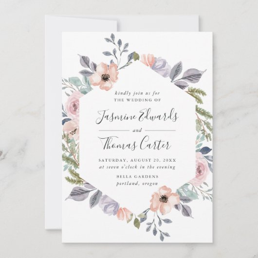 ほこりっぽいバラピンクウォーターカラーフローラフレーム | 結婚s 招待状 (正面)