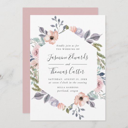 ほこりっぽいバラピンクウォーターカラーフローラフレーム | 結婚s 招待状 (正面/裏面)