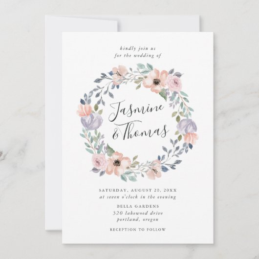 ほこりっぽいバラピンクウォーターカラーフローラリース | 結婚s 招待状 (正面)