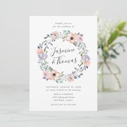 ほこりっぽいバラピンクウォーターカラーフローラリース | 結婚s 招待状 (スタンド正面)