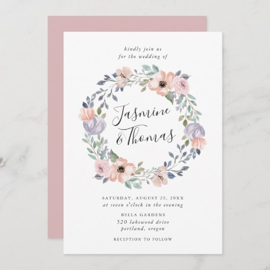 ほこりっぽいバラピンクウォーターカラーフローラリース | 結婚s 招待状 (正面/裏面)