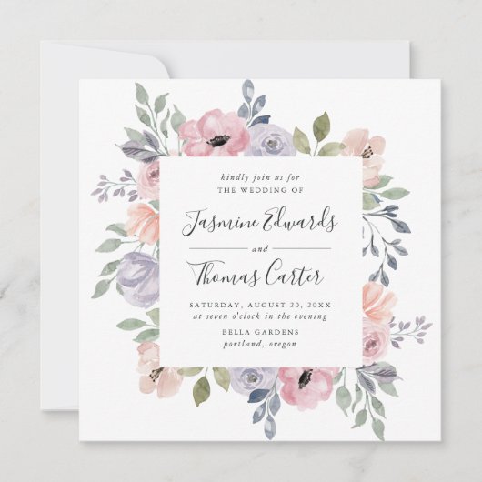 ほこりっぽいバラピンクウォーターカラーフローラ |スクエア結婚ズ 招待状 (正面)