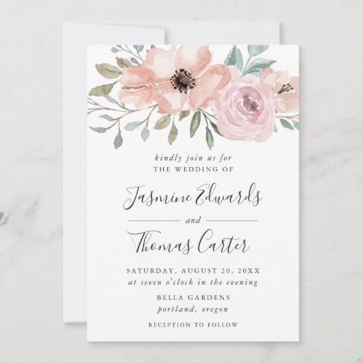 ほこりっぽいバラピンクウォーターカラーフローラ | 結婚s 招待状 (正面)