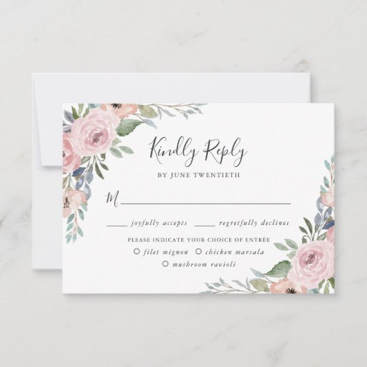 ほこりっぽいバラピンクウォーターカラーフローラ |食事の選択 出欠カード (正面)