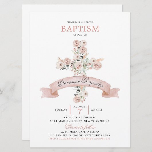 ほこりっぽいバラピンククロスバプテスマ招待状 招待状 (正面/裏面)