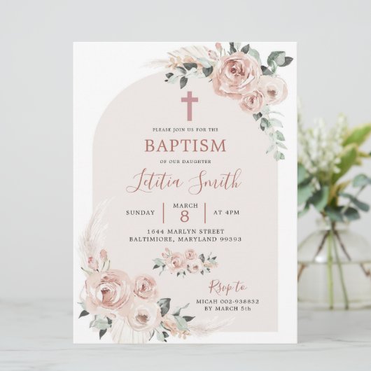 ほこりっぽいバラピンククロスバプテスマ招待状 招待状 (スタンド正面)