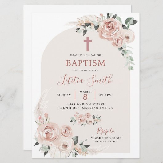 ほこりっぽいバラピンククロスバプテスマ招待状 招待状 (正面/裏面)