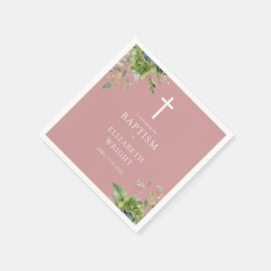 ほこりっぽいバラピンクグリーナリーバプテスマ《キリスト教》洗礼式や命名式 スタンダードカクテルナプキン (角)