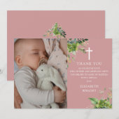ほこりっぽいバラピンクグリーナリー写真バプテスマ《キリスト教》洗礼式や命名式 サンキューカード (正面/裏面)