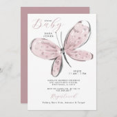 ほこりっぽいバラピンクバタフライベビーシャワー 招待状 (正面/裏面)