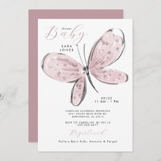 ほこりっぽいバラピンクバタフライベビーシャワー 招待状 (正面/裏面)