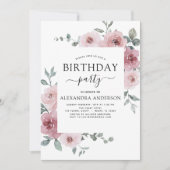 ほこりっぽいバラピンクバースデーパーティーフローラ招待状 招待状 (正面)