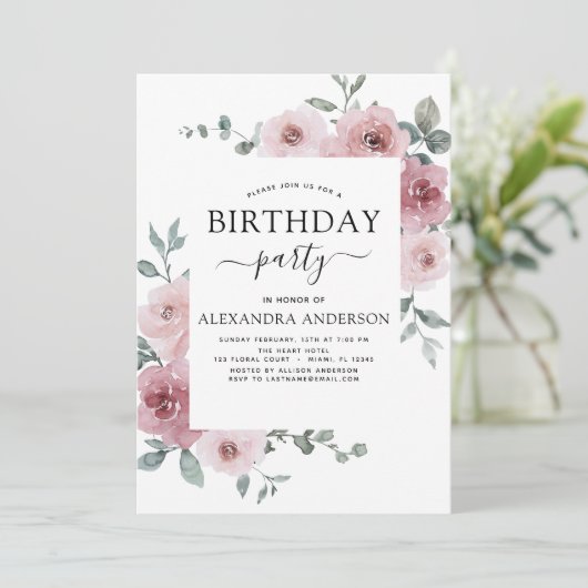 ほこりっぽいバラピンクバースデーパーティーフローラ招待状 招待状 (スタンド正面)