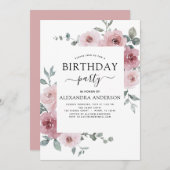 ほこりっぽいバラピンクバースデーパーティーフローラ招待状 招待状 (正面/裏面)