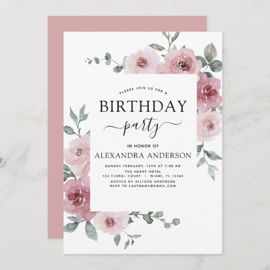ほこりっぽいバラピンクバースデーパーティーフローラ招待状 招待状 (正面/裏面)