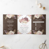 ほこりっぽいバラピンクパンプキンアイボリーフローラ結婚ウッド 三つ折り招待状 (内部)