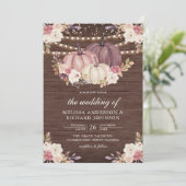 ほこりっぽいバラピンクパンプキンアイボリーフローラ結婚ウッド 招待状 (スタンド正面)
