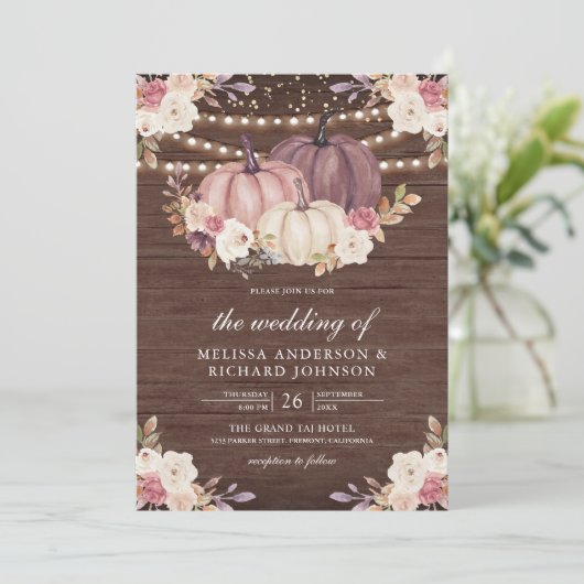 ほこりっぽいバラピンクパンプキンアイボリーフローラ結婚ウッド 招待状 (スタンド正面)