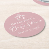 ほこりっぽいバラピンクパーソナライズされたのベビースシャワー ラウンドペーパーコースター (アングル)