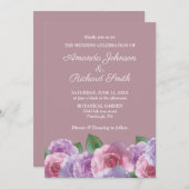 ほこりっぽいバラピンクパープルフローラ結婚式招待状 招待状 (正面/裏面)